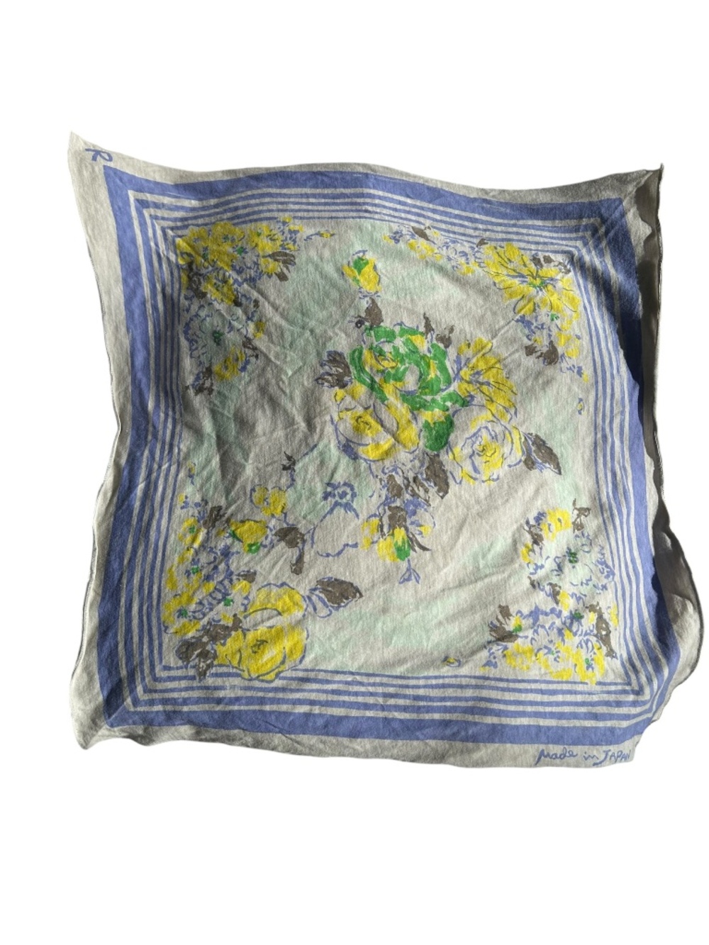 Vintage JAPAN art to wear jersey knit handkerchief scarf yellow blue roses wildf